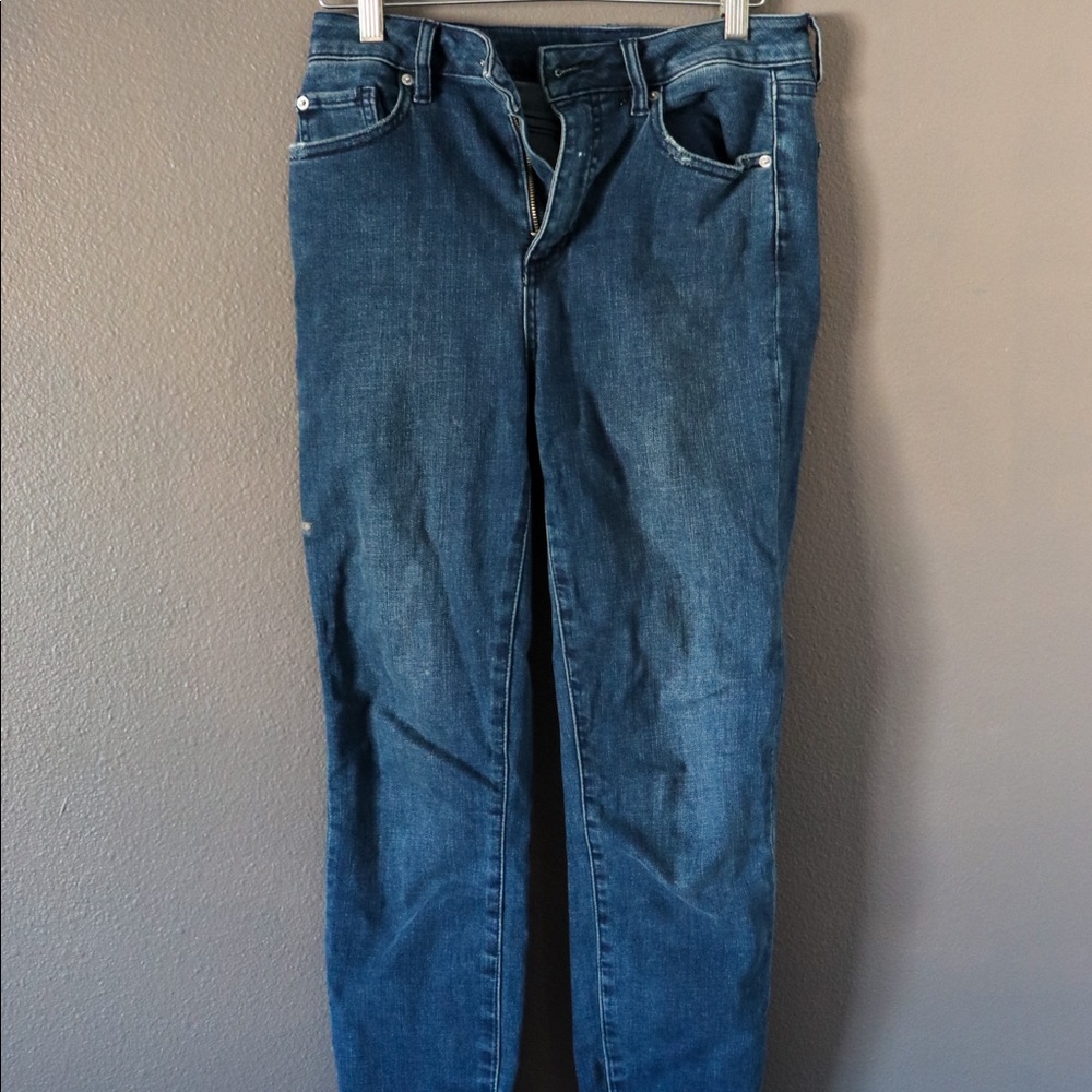 1. STATE Deep blue straight leg mid rise jeans with rough distressed ankle cut